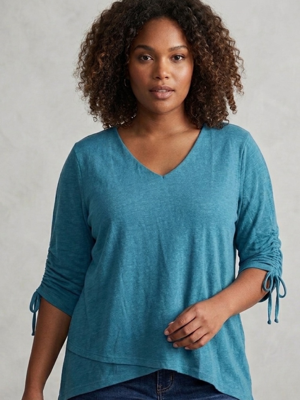 NWT NY Collection Teal Blue V-Neck Top Ruched Tie Sleeve Size 1XL